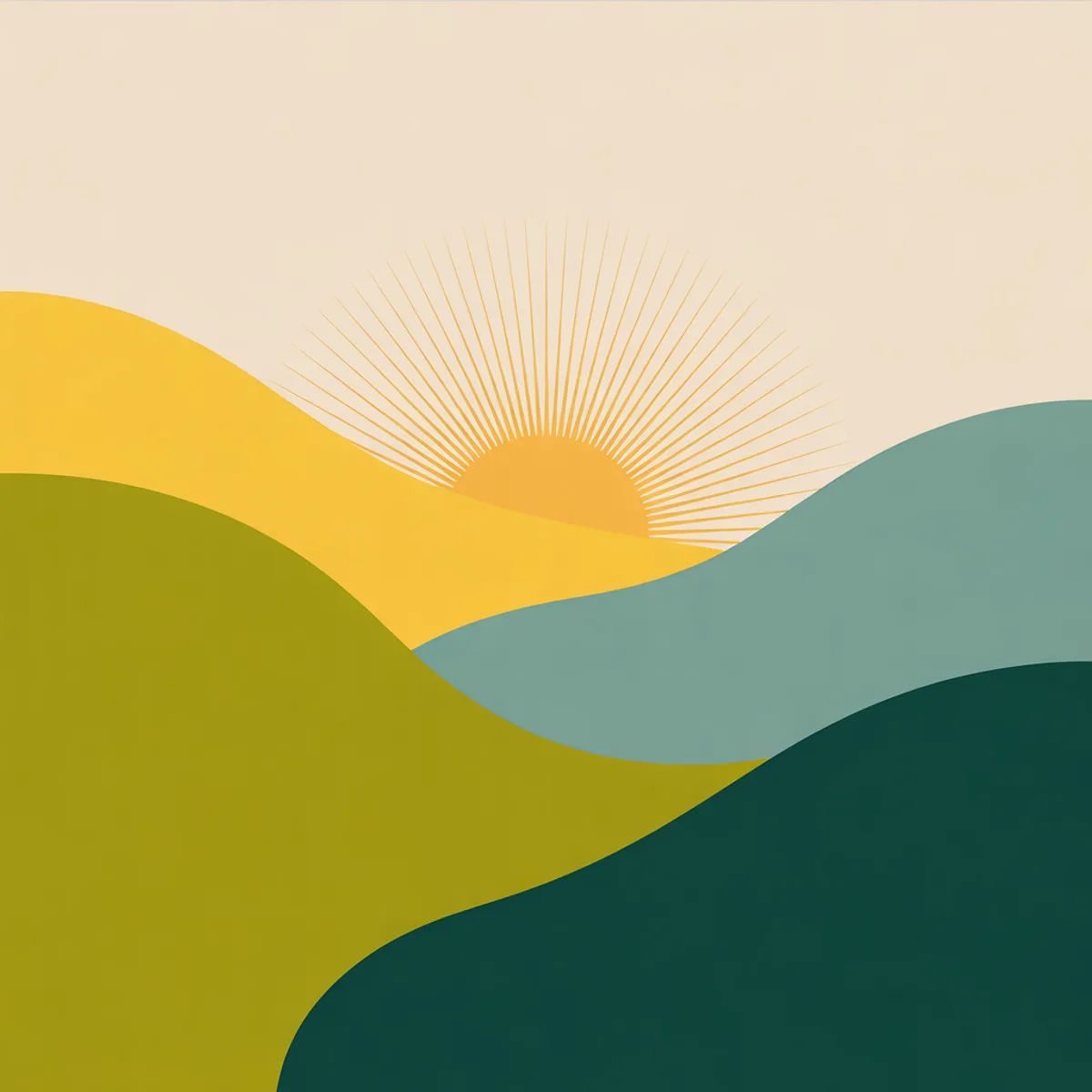 Stylised illustration of rolling farmland hills at sunrise